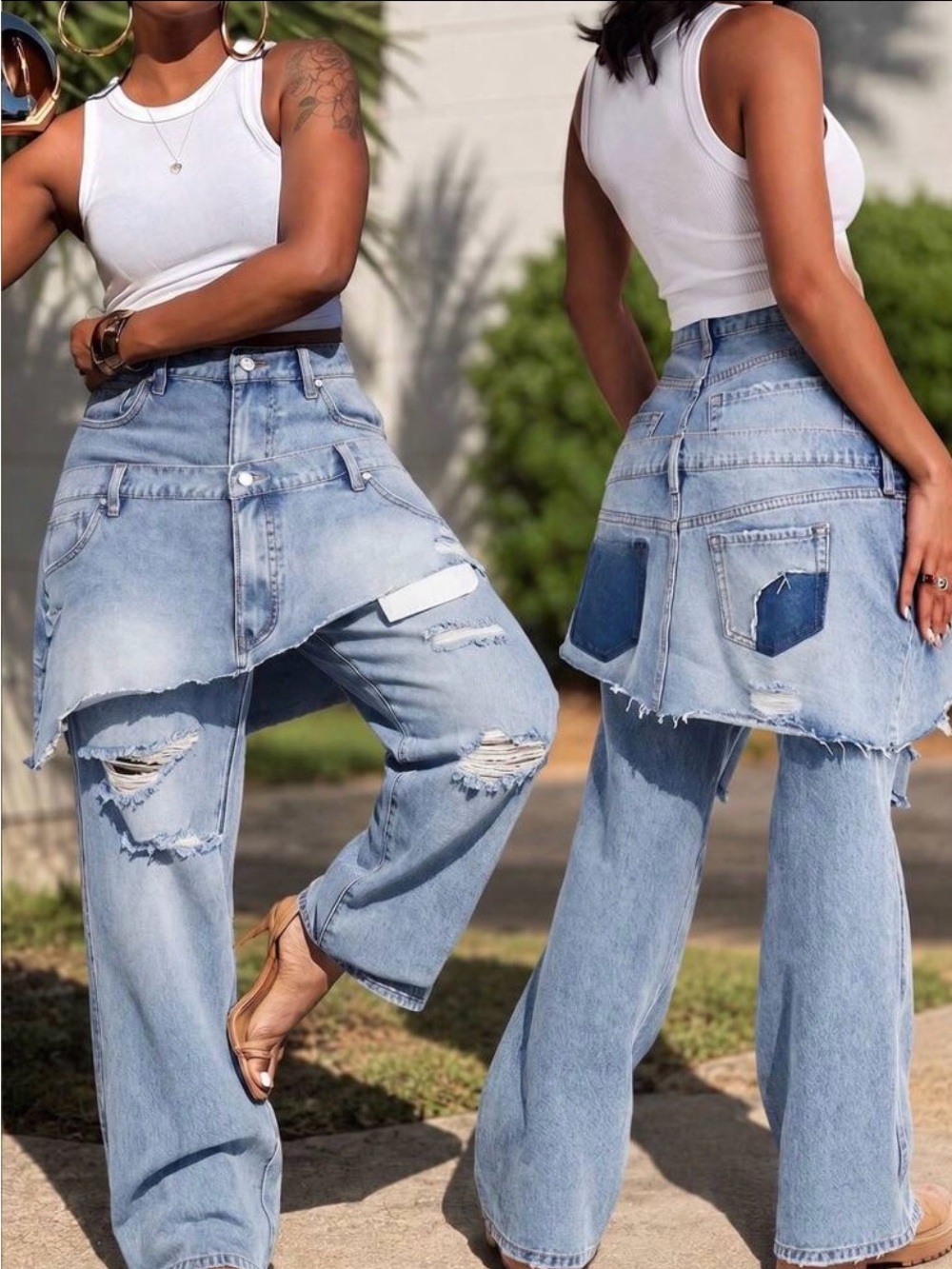 Light Blue Distressed Layered Women's Jeans Skirt-Pant
